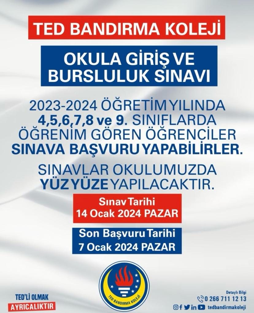 TED Bandırma Koleji “Okula Giriş Ve Bursluluk Sınavı” Tarihini Duyurdu